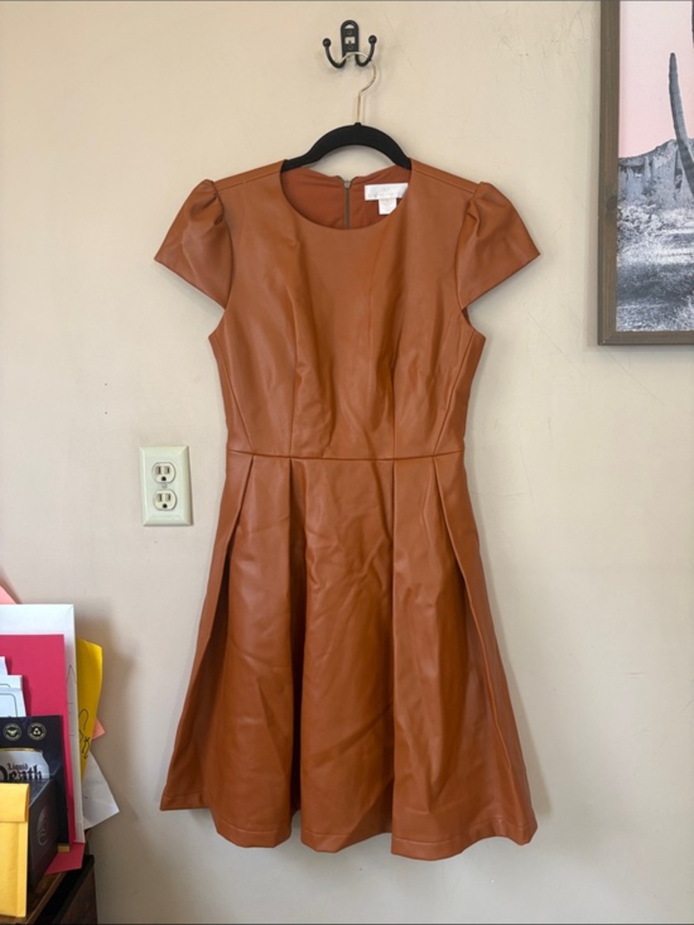 Rachel Parcell Caramel Brown Vegan Leather Flare Dress Size 0